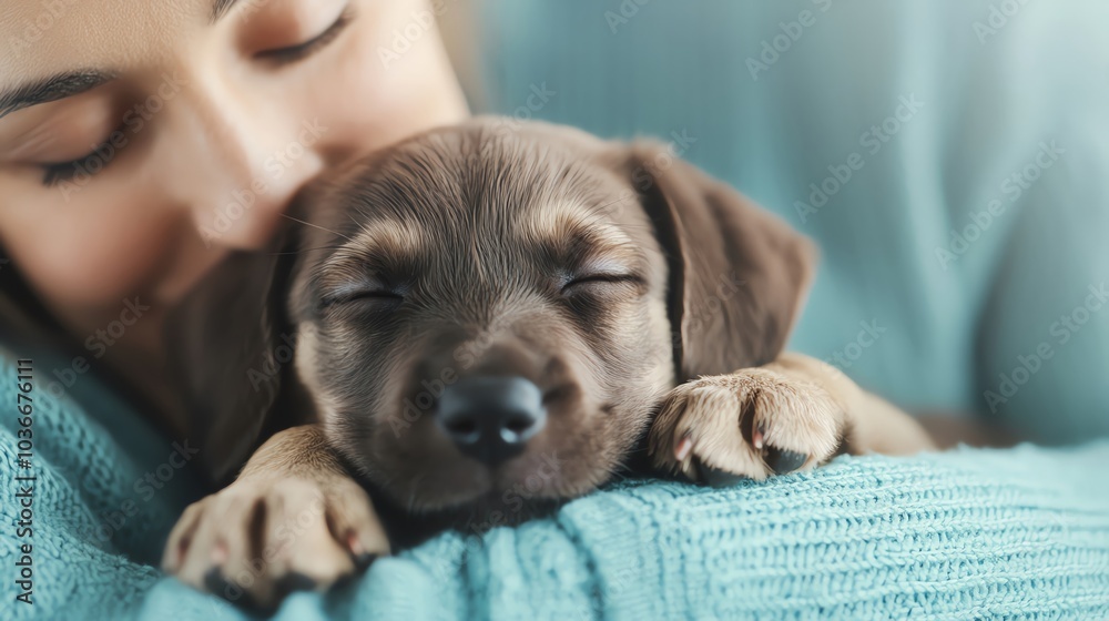 Woman embracing a sleeping puppy, cozy atmosphere, soft colors. Woman embracing a sleeping puppy, cozy atmosphere, soft colors.