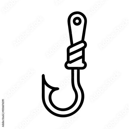 Outline illustration of a fishing hook with rope, symbolizing angling and fishing activities copy space