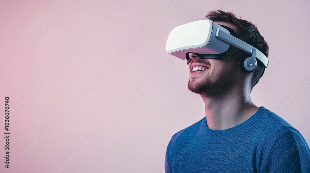 Happy Man Experiencing Virtual Reality with Headset, Immersive Technology and Entertainment Happy Man Experiencing Virtual Reality with Headset, Immersive Technology and Entertainment