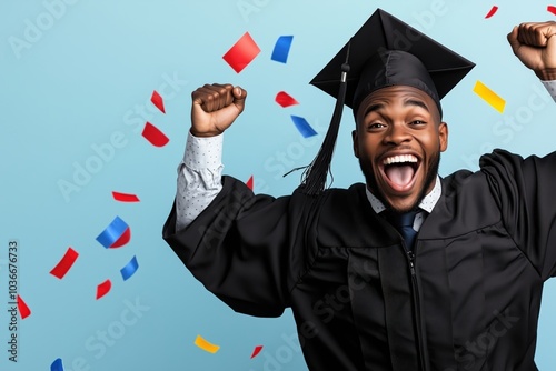 Joyful graduate celebrating accomplishments with confetti in a bright setting. Generative AI