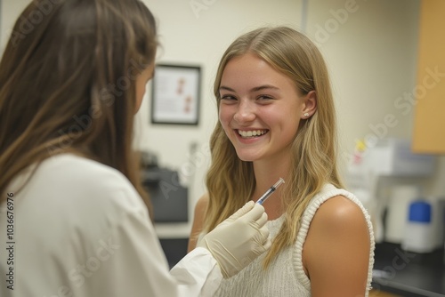 Woman getting flu shot in clinic, Generative AI