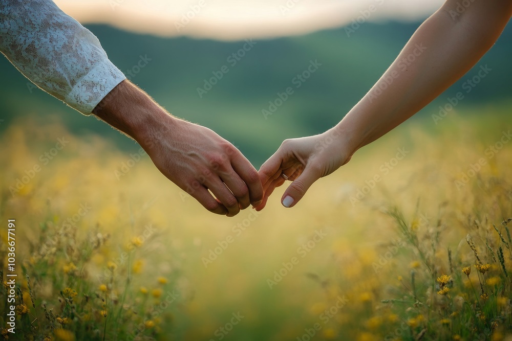 Loving couple holding hands in a field, Generative AI Loving couple holding hands in a field, Generative AI