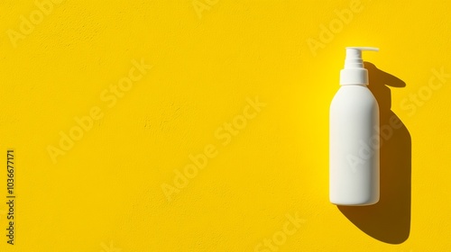 Bottle of lotion is sitting on a yellow background. The bottle is white and the background is bright yellow