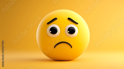 A 3D rendering of a yellow emoticon with a sad expression. The emoticon has large eyes, a frown, and furrowed brows. It is set against a yellow background.