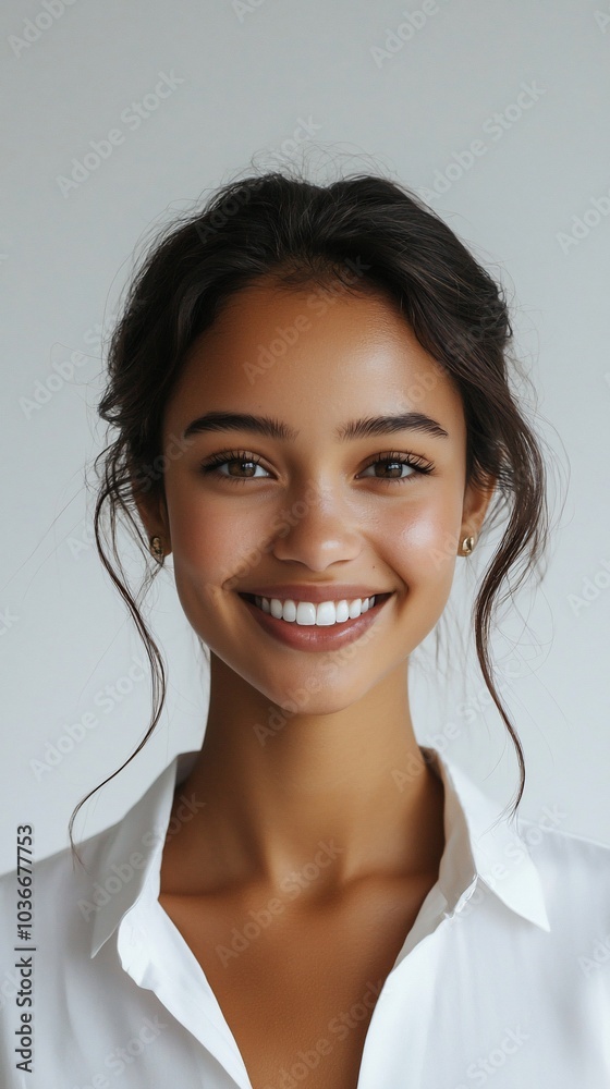 A young woman with dark hair and a white shirt smiles at the camera. A young woman with dark hair and a white shirt smiles at the camera.