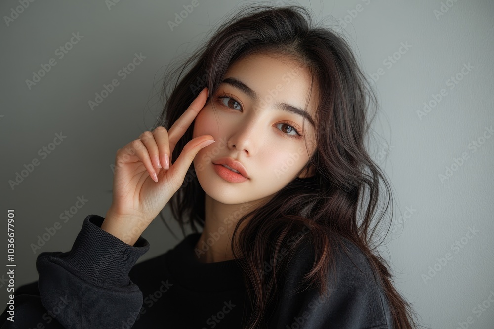 Young woman making a finger frame while standing in a studio, Generative AI Young woman making a finger frame while standing in a studio, Generative AI