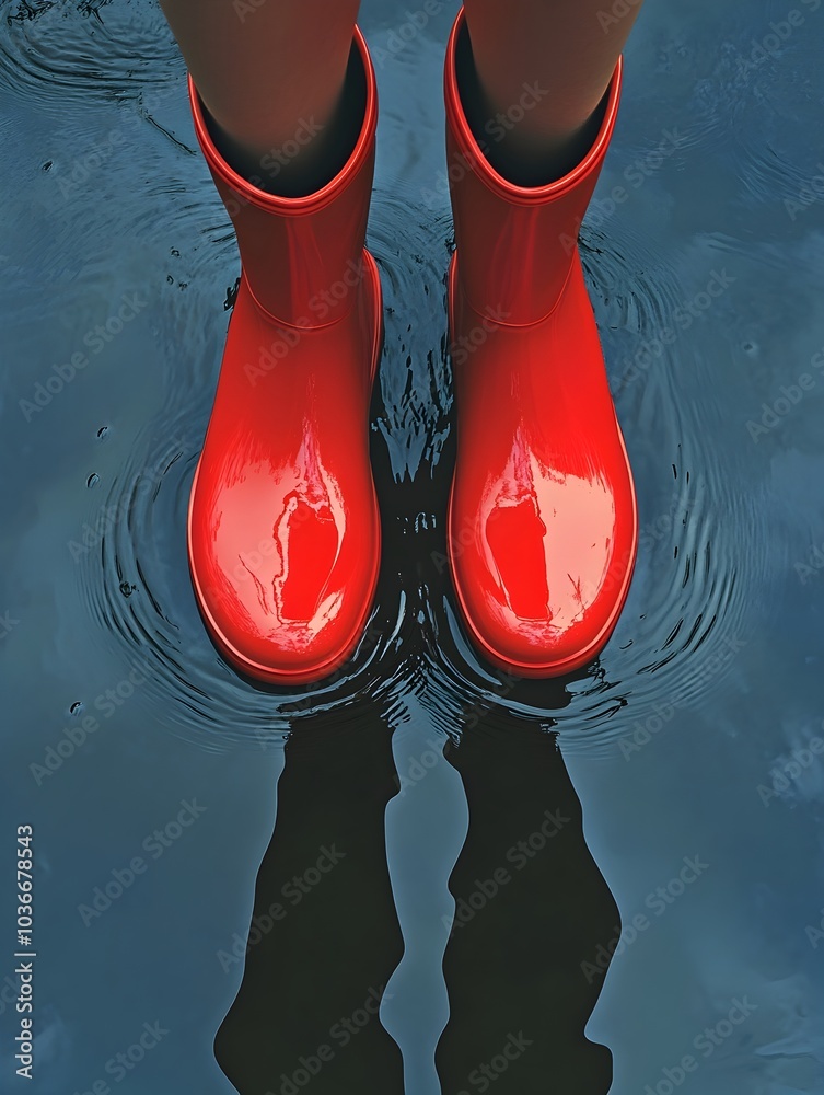 A Pair of Red Rain Boots Cautiously Stepping Through a Shallow Puddle with Rippling Reflective Surface