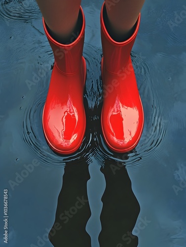 Obraz na płótnie A Pair of Red Rain Boots Cautiously Stepping Through a Shallow Puddle with Rippling Reflective Surface w salonie