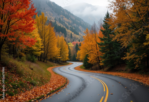 A winding road with autumn foliage in a mountainous region