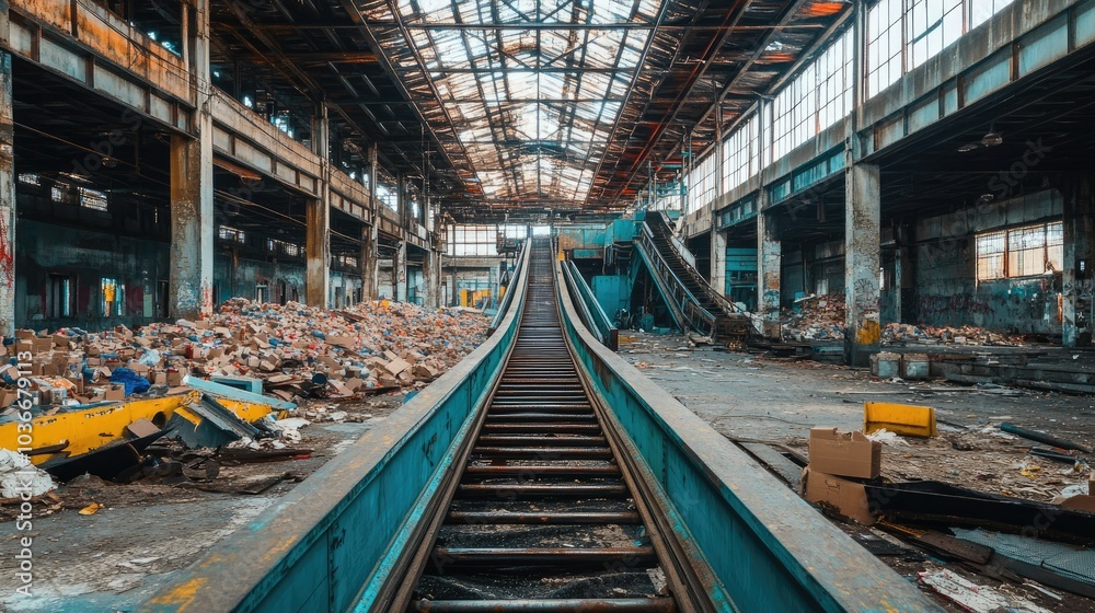 Fototapeta premium Abandoned Warehouse with Empty Conveyor Belts