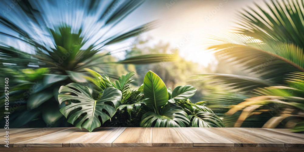 Fototapeta premium The wooden floor is used to stand the product. The background is a tropical forest. Blurred background, sunlight