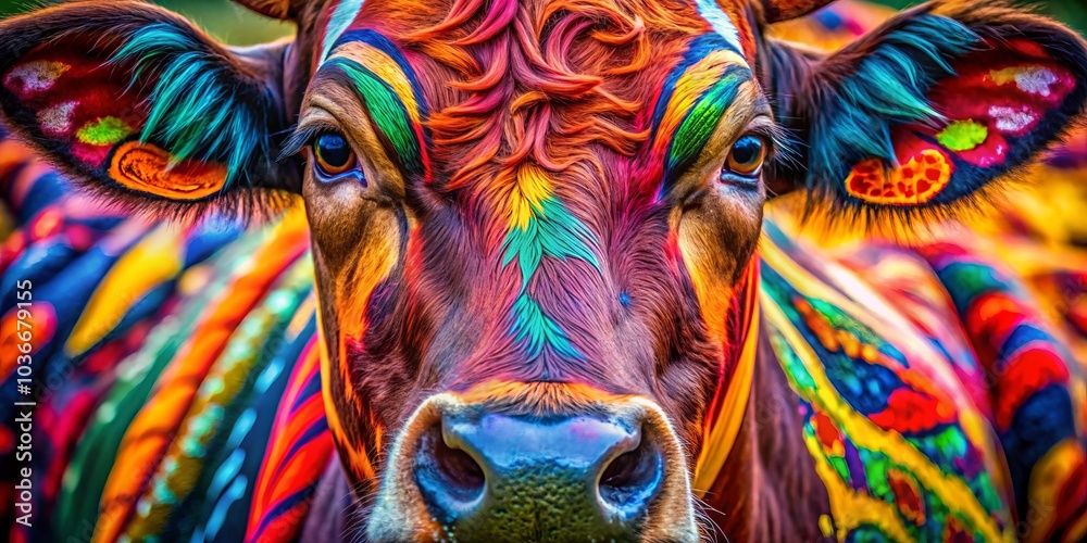 Fototapeta premium Dynamic macro shots capture a pop art cow bursting with vibrant colors and patterns, delivering stunning visual appeal that captivates and delights the viewer’s senses.