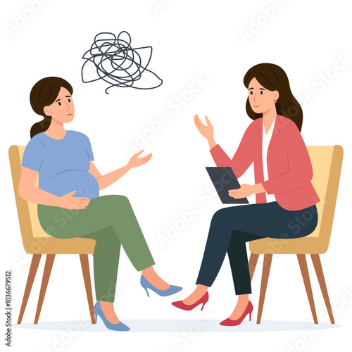 Psychology therapy counseling. Psychologist talking with pregnant woman. Woman with stress, depression or mental problem.Vector illustration.