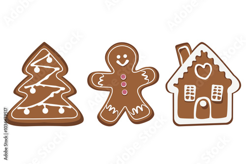 Set of gingerbread cookies. Christmas biscuits.Winter homemade xmas sweets in shape of Gingerbread man, home, winter tree. Vector Illustration