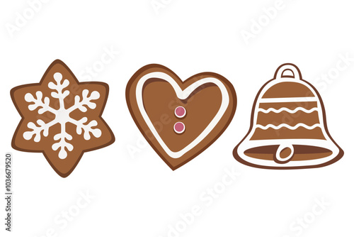 Set of gingerbread cookies. Christmas biscuits.Winter homemade xmas sweets in shape of  heart, bell, and snowflake. Vector Illustration