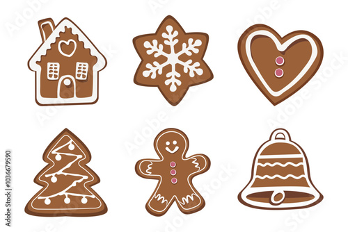 Set of gingerbread cookies. Christmas biscuits.Winter homemade xmas sweets in shape of Gingerbread man, home, heart, winter tree, bell, and snowflake. Vector Illustration