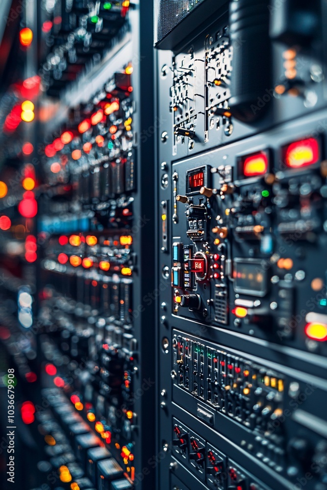 Close-up of a control panel with many buttons, switches, and lights. Close-up of a control panel with many buttons, switches, and lights.