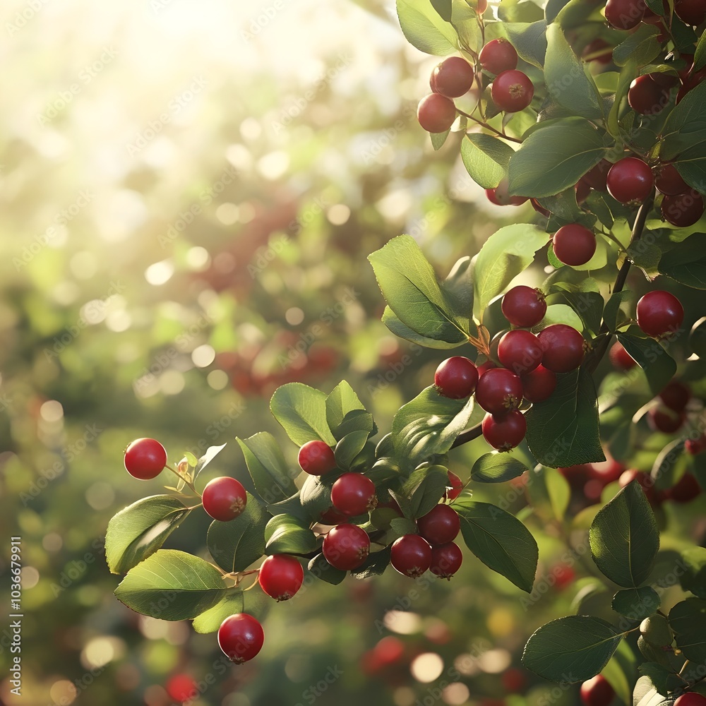 Lush Cranberry Bush in Bloom with Ruby Red Berries and Emerald Leaves in Golden Cinematic Meadow Landscape