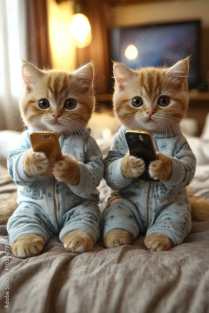 Two adorable orange tabby kittens in matching pajamas, joyfully holding smartphones while sitting on a cozy bed, radiating cuteness and curiosity. Two adorable orange tabby kittens in matching pajamas, joyfully holding smartphones while sitting on a cozy bed, radiating cuteness and curiosity.