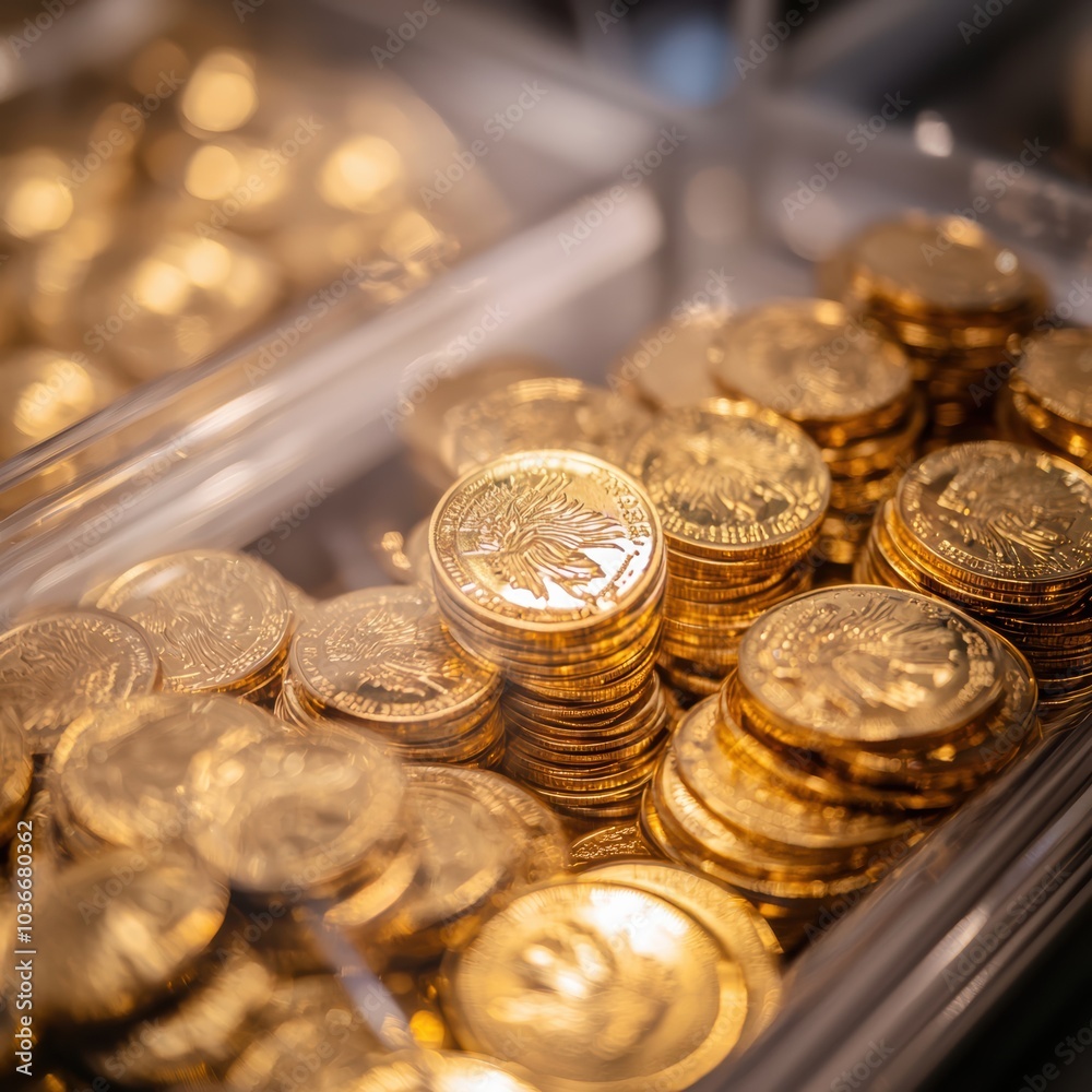 Shiny Gold Coins Stacked Neatly in a Transparent Container Highlighting Wealth and Prosperity Shiny Gold Coins Stacked Neatly in a Transparent Container Highlighting Wealth and Prosperity