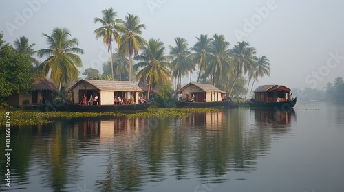 Tranquil River Scene with Traditional Houses and Palms