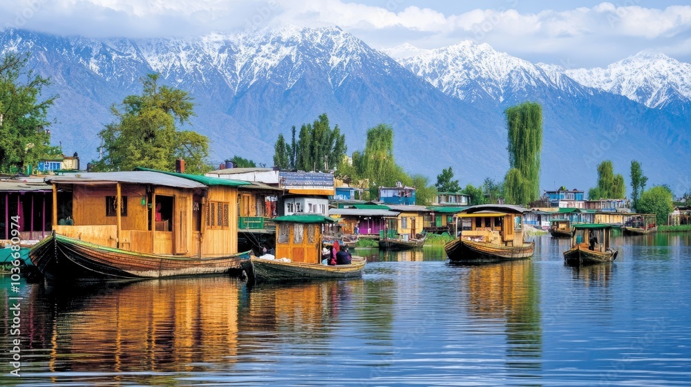 Fototapeta premium Scenic Landscape of Houseboats in Serene Lake Area