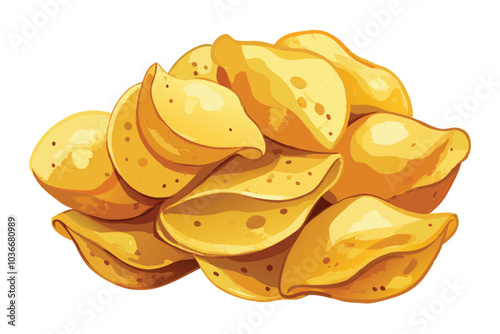 Delicious Watercolor Illustration of Crispy Potato Chips on White Background.