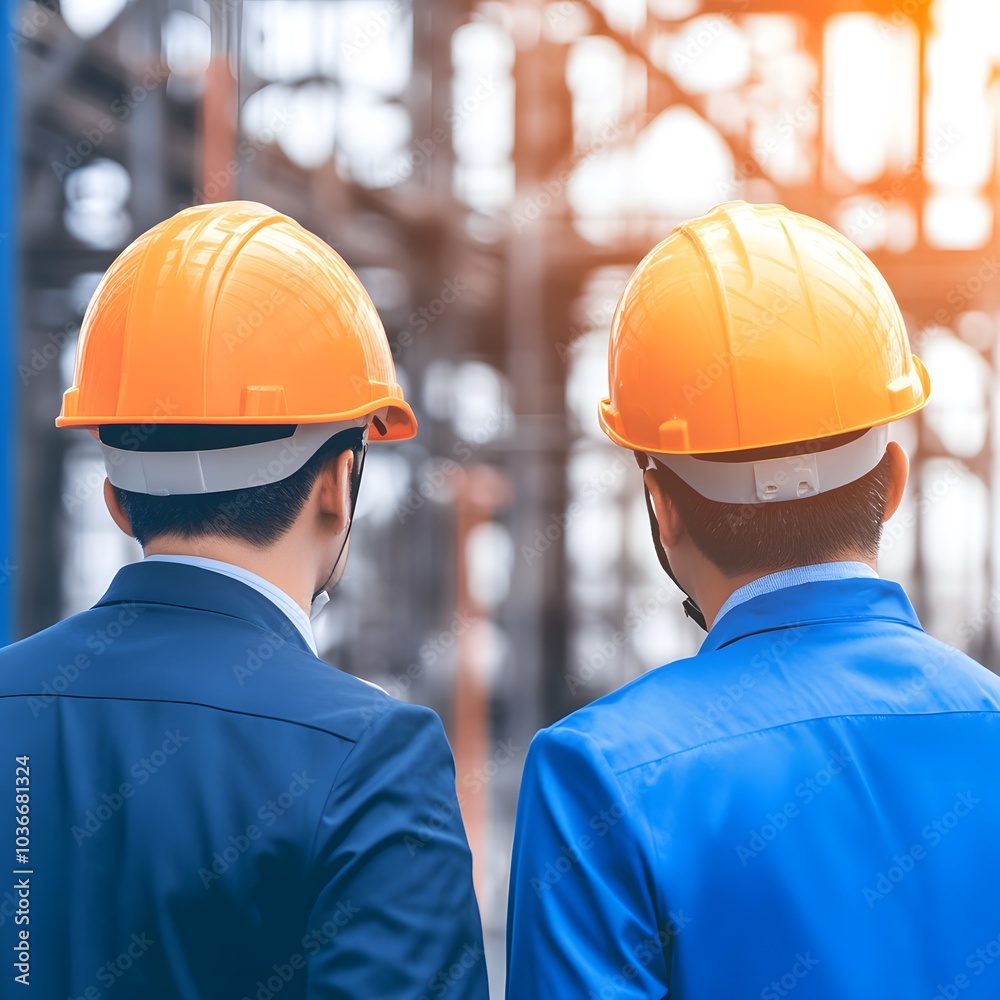 Two workers in hard hats observe a construction site, symbolizing teamwork and safety in engineering and construction. Two workers in hard hats observe a construction site, symbolizing teamwork and safety in engineering and construction.