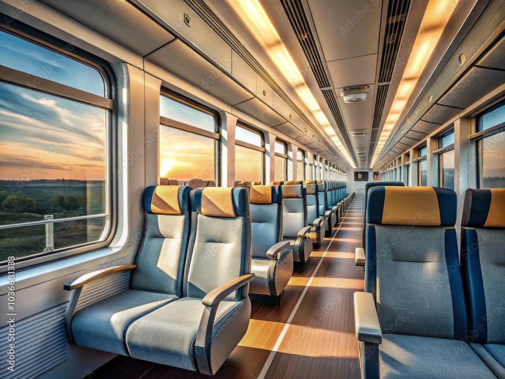 Emphasizing modern design, minimalist train interiors feature simple lines and tranquil spaces, illuminated by natural light, promoting travel aesthetics and a clean, contemporary style.