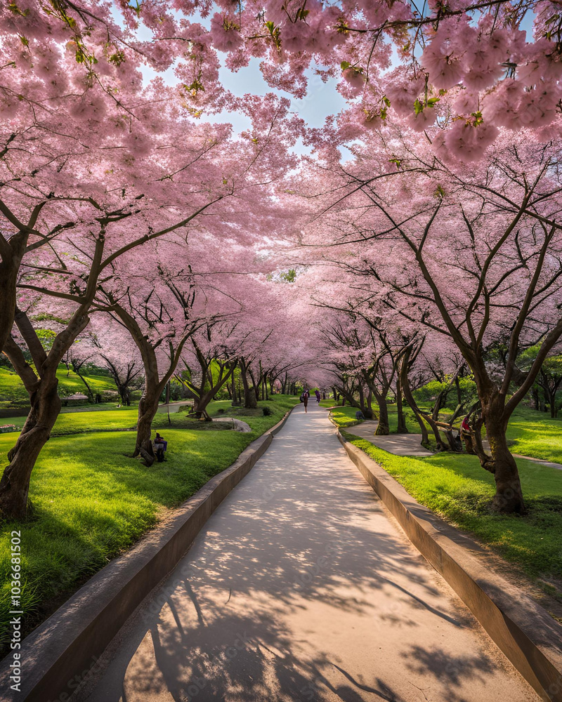 Obraz premium cherry blossom path, sakura trees, springtime beauty, floral walkway, pink blossoms, nature's beauty, picturesque scenery, blooming trees, serene environment, outdoor beauty, cherry blossom season, tr