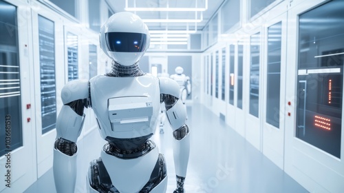A high-security robotics research facility, with prototype androids and advanced security systems, Security technology style