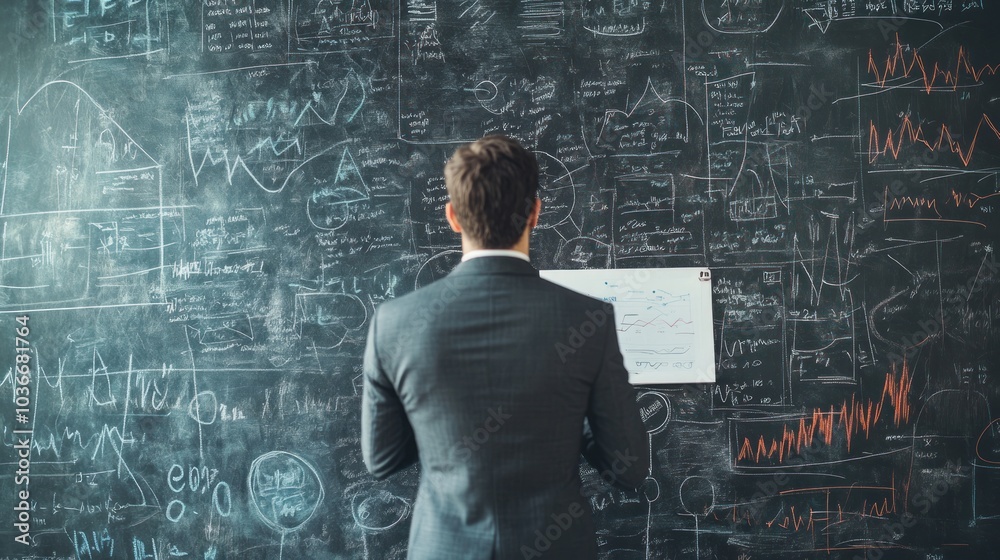 Business Professional Analyzing Data on Chalkboard Full of Complex Graphs and Equations Business Professional Analyzing Data on Chalkboard Full of Complex Graphs and Equations