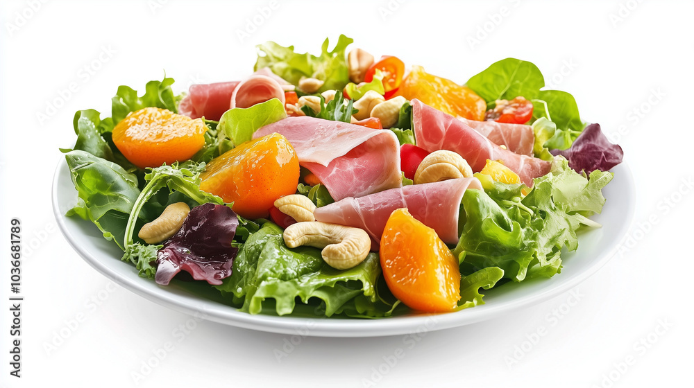 Fresh salad with persimmon, ham, cashews, and greens on a white background Fresh salad with persimmon, ham, cashews, and greens on a white background