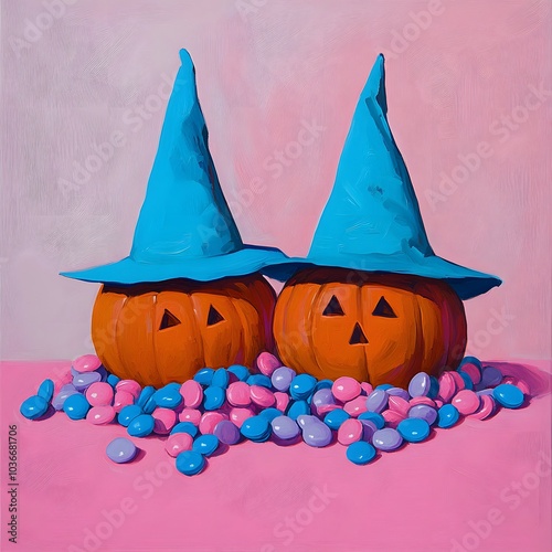 Two orange pumpkins with blue witch hats sit among colorful candies on a pink background, creating a playful Halloween scene. photo