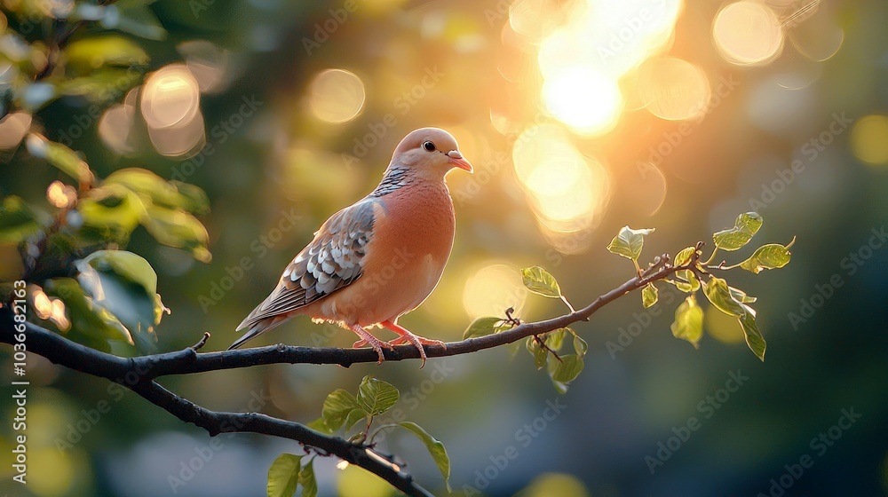 Obraz premium A light pink dove perched on a tree branch with the sun setting in the background, creating a soft, warm glow.