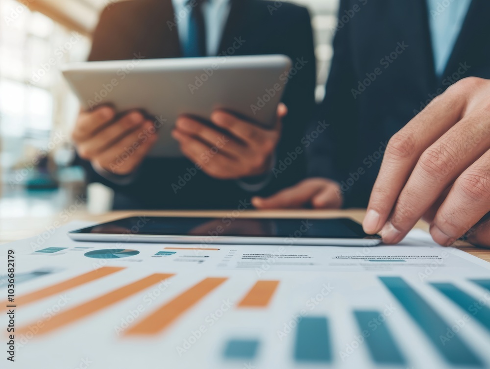 Business Professionals Analyzing Data Trends with Digital Devices in Modern Office Environment Business Professionals Analyzing Data Trends with Digital Devices in Modern Office Environment