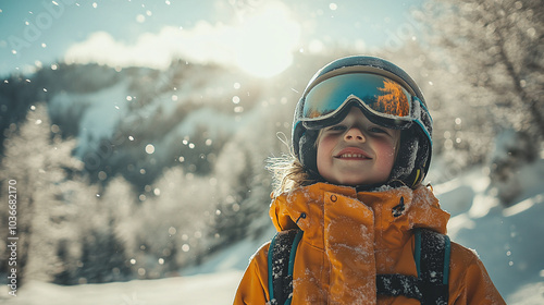 young child close-up of standing at the top of a snowy slope. adventurous wintersport scene. photo
