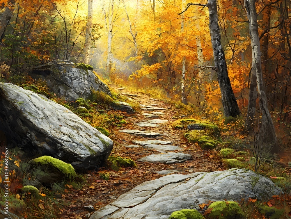 Winding Autumnal Forest Trail Leading Through Lush Foliage and Mossy Boulders