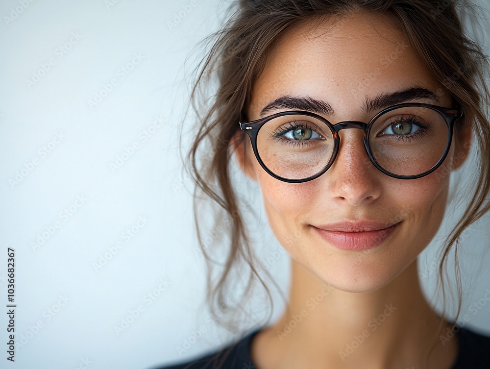 Close-up portrait of a young woman with glasses smiling. Close-up portrait of a young woman with glasses smiling.