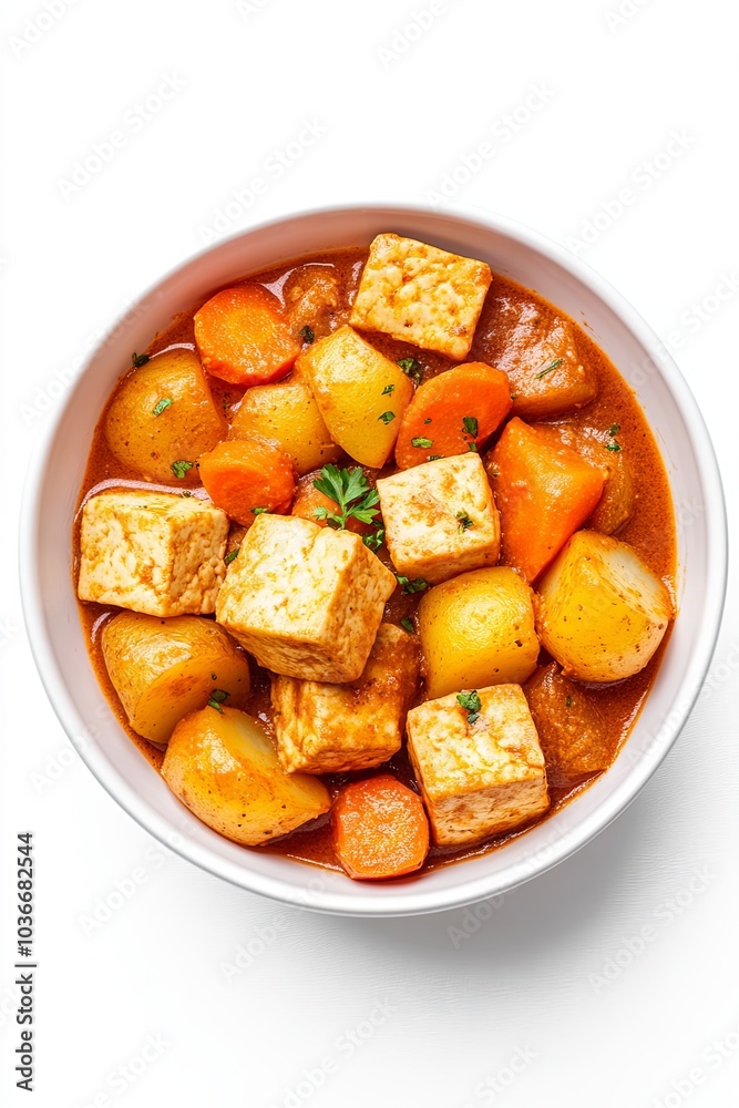 Hearty vegetable and tofu stew in a white bowl Hearty vegetable and tofu stew in a white bowl