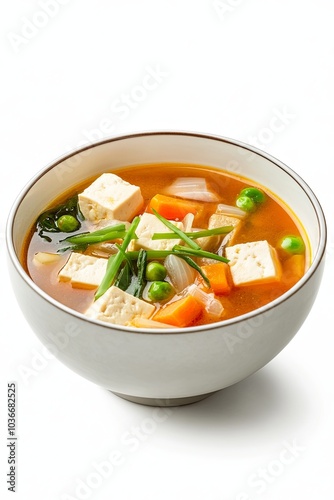 Colorful vegetable and tofu soup in a bowl