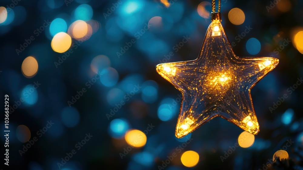 A glittering star-shaped light hangs against a dark, starry sky, creating a magical and festive holiday atmosphere with colorful bokeh. Generative AI A glittering star-shaped light hangs against a dark, starry sky, creating a magical and festive holiday atmosphere with colorful bokeh. Generative AI