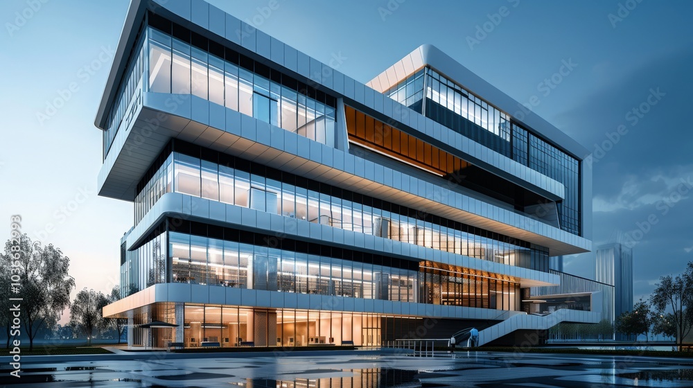 Obraz premium High-tech corporate office building with a sleek, modern design