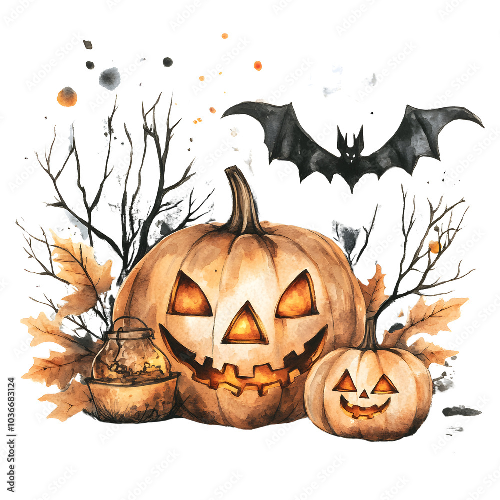 Fototapeta premium Pumpkin Halloween Festival, water color, islolate, bat is flying background