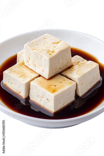 Fresh tofu cubes in soy sauce marinade