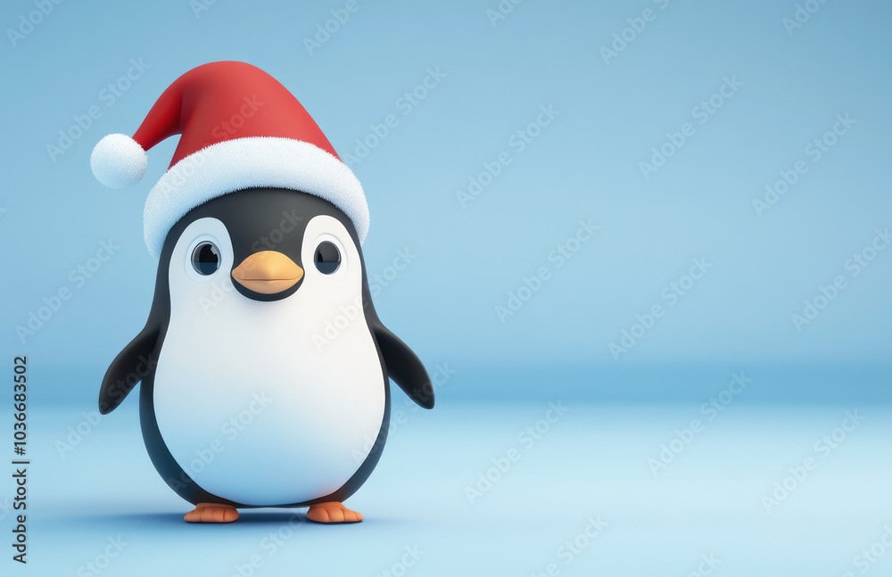 adorable penguin with santa claus hat on blue background christmas theme adorable penguin with santa claus hat on blue background christmas theme