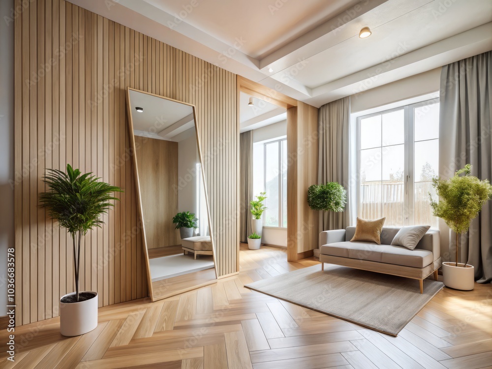 Experience Ukrainian minimalist design with a sleek mirror and light wood panels, ideal for modern home decor and current interior design inspirations. Experience Ukrainian minimalist design with a sleek mirror and light wood panels, ideal for modern home decor and current interior design inspirations.