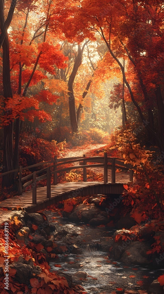 Enchanting Autumn Woodland Path with Wooden Bridge and Babbling Brook Enchanting Autumn Woodland Path with Wooden Bridge and Babbling Brook