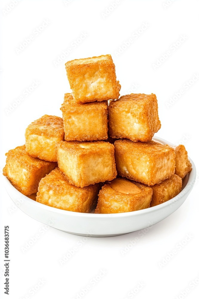 Crispy golden fried tofu cubes stacked in a bowl Crispy golden fried tofu cubes stacked in a bowl