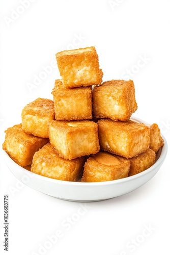 Crispy golden fried tofu cubes stacked in a bowl